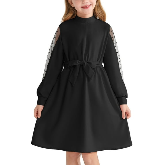 Actgleam Girls Mesh Long Sleeve Dress Crew Neck A-Line Party Belted Dresses,Black,9-10Years