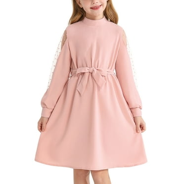 Actgleam Girls Mesh Long Sleeve Dress Crew Neck A-Line Party Belted Dresses,Pink
