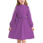 ACTGLEAM Girls Mesh Long Sleeve Dress Crew Neck A-Line Party Belted Dresses,Pink,9-10Years