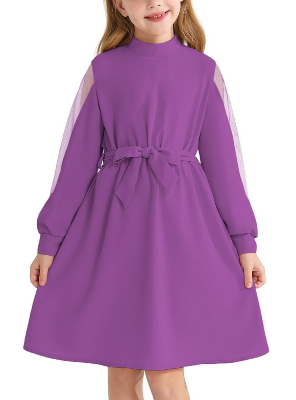 Girls Mesh Long Sleeve Dress Crew Neck A-Line Party Belted Dresses,Purple,11-12Years