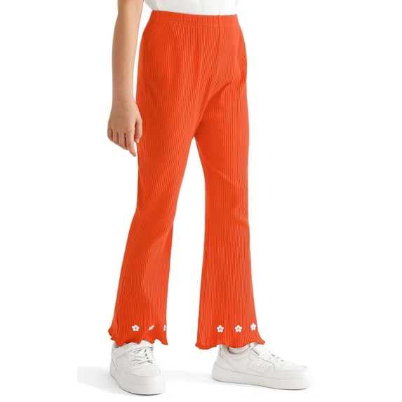 Actgleam Girls Leggings Halloween Pants Knitted Ribbed Embroidery Bell Bottoms Ruffle Flare Trousers,Orange,8-9Years