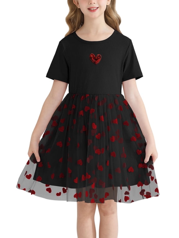 Girls Party dresses Summer Short Sleeve Casual Cute Dresses,Black,6-7Years