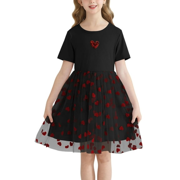 Actgleam Girls Party dresses Summer Short Sleeve Casual Cute Dresses,Black,7-8Years