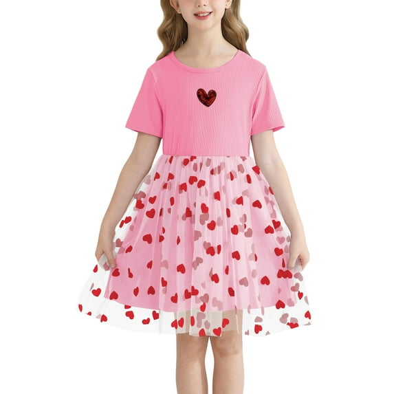 Actgleam Girls Party dresses Summer Short Sleeve Casual Cute Dresses,Pink,7-8Years