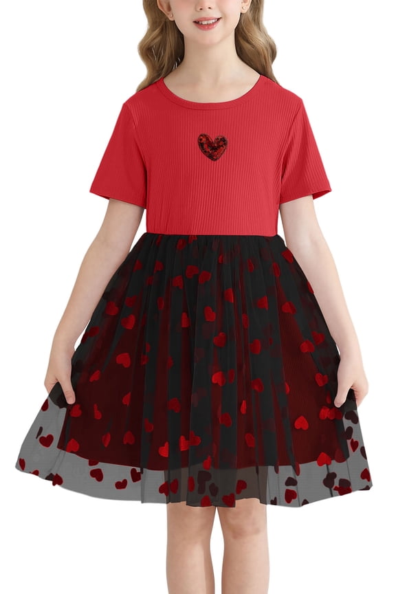 Girls Party dresses Summer Short Sleeve Casual Cute Dresses,Red,5-6Years