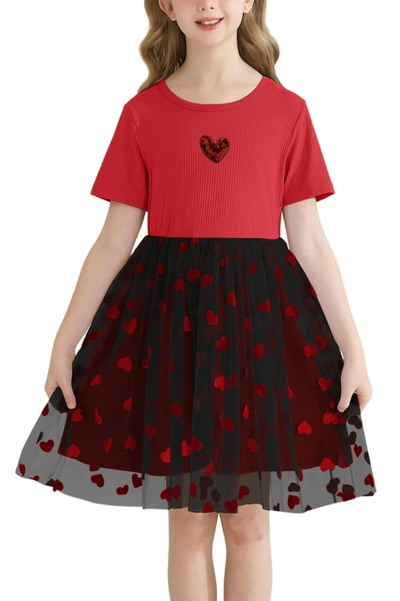 Girls Party dresses Summer Short Sleeve Casual Cute Dresses,Red,5-12Years