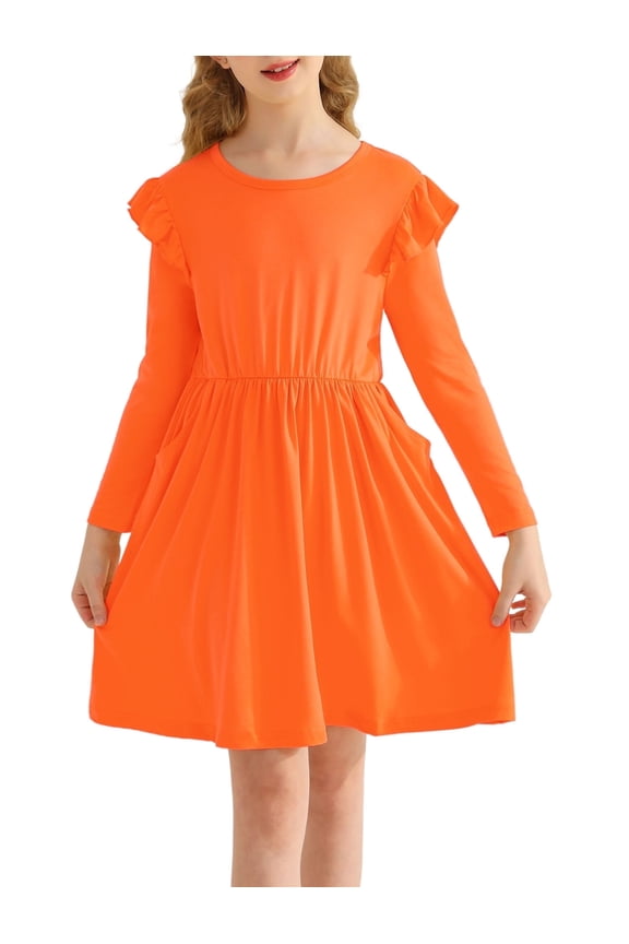 Girls Halloween Dress Ruffle Long Sleeve Knit Cute Casual with 2 Pockets Dresses,Orange,11-12Years