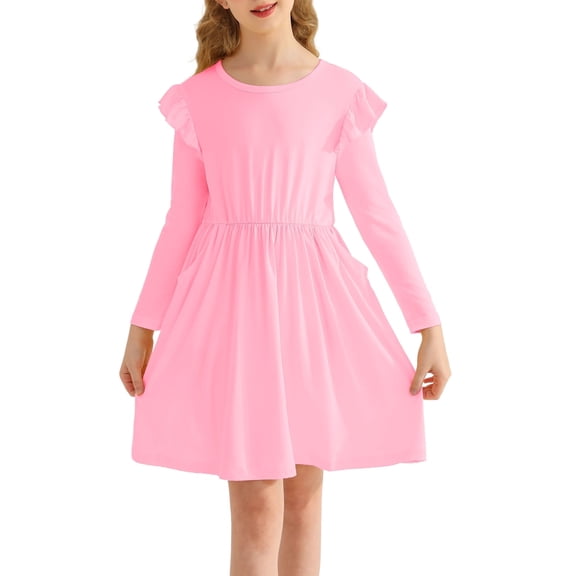 Actgleam Girls Ruffle Long Sleeve Dress Knit Cute Casual with 2 Pockets Dresses,Pink,5-6Years