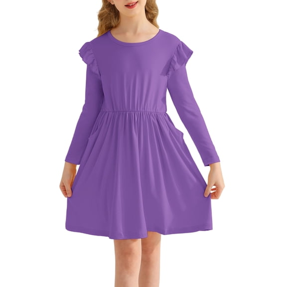 Actgleam Girls Ruffle Long Sleeve Dress Knit Cute Casual with 2 Pockets Dresses,Purple,11-12Years