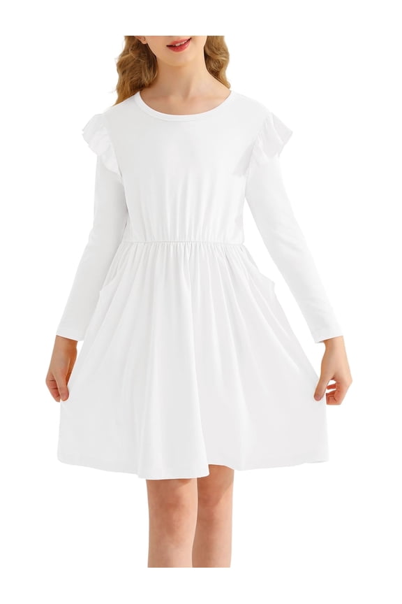 Girls Ruffle Long Sleeve Dress Knit Cute Casual with 2 Pockets Dresses,White,5-11Years