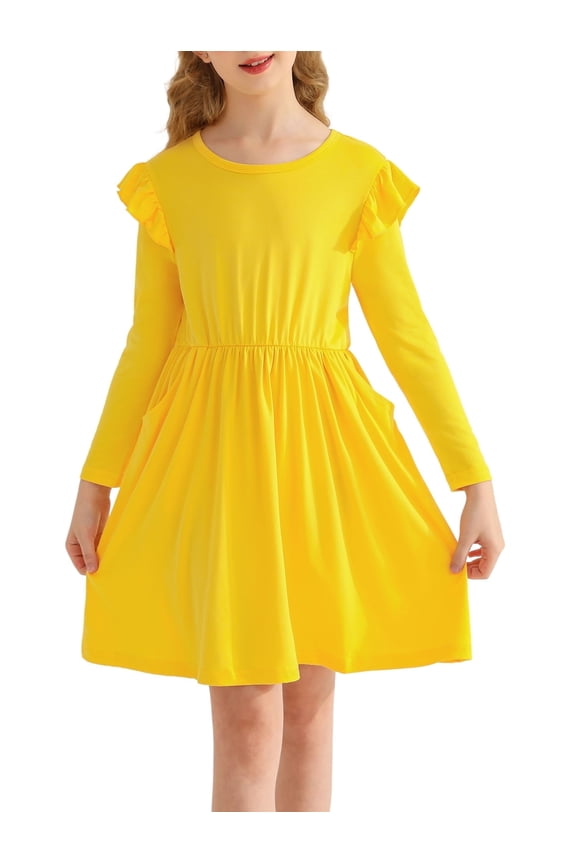 Girls Ruffle Long Sleeve Dress Knit Cute Casual with 2 Pockets Dresses,Yellow,9-10Years