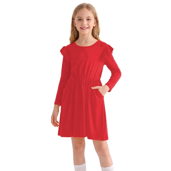 Actgleam Girls Ruffle Long Sleeve Dress Knit Round Neck A-Line Cute Casual With 2 Pockets Sundress,Red,11-12Y