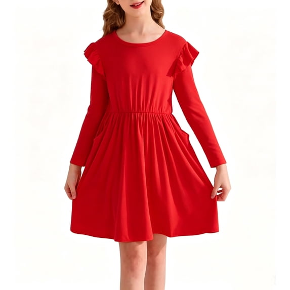 Actgleam Girls Ruffle Long Sleeve Dress Knit Round Neck A-Line Cute Casual With 2 Pockets Sundress,Red,11-12Y