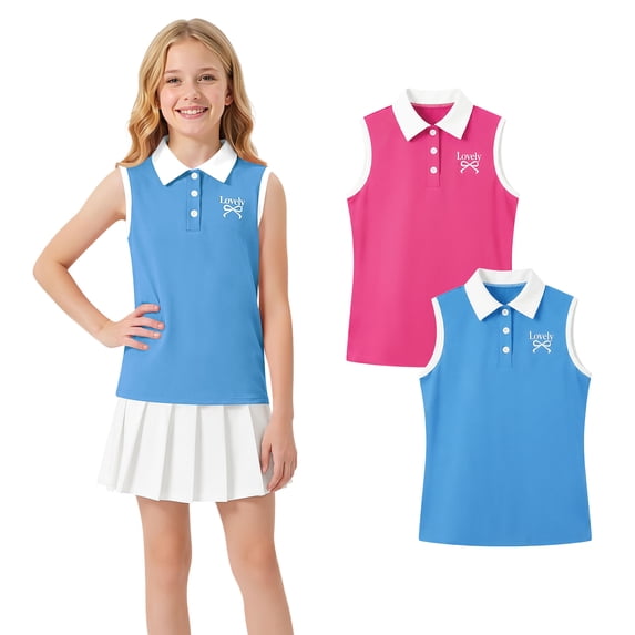 Actgleam Girls School Uniform Short Printed Sleeveless Polo Shirt,2-Pack,10-11Y