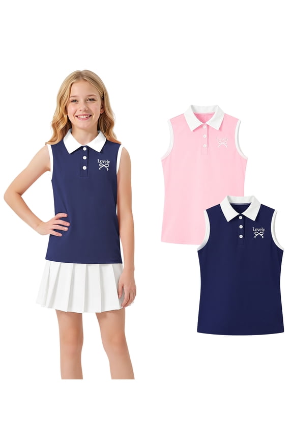 Girls School Uniform Short Printed Sleeveless Polo Shirt,2-Pack,10-11Y