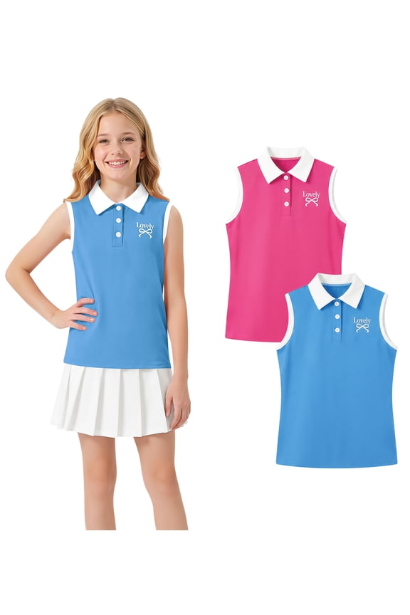 Girls School Uniform Short Printed Sleeveless Polo Shirt,2-Pack,11-12Y