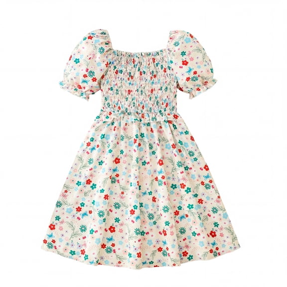 Actgleam Girls Summer Dress Kids Floral Print Puff Sleeve Cute Square Neck A-Line Midi Sundress,Colorful Floral,7-8Y