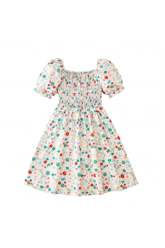 Girls Summer Dress Kids Floral Print Puff Sleeve Cute Square Neck A-Line Midi Sundress,Colorful Floral,7-8Y