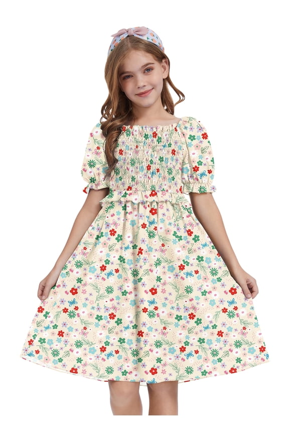 Girls Summer Dress Kids Floral Print Puff Sleeve Cute Square Neck A-Line Midi Sundress,Colorful Floral,7-8Y
