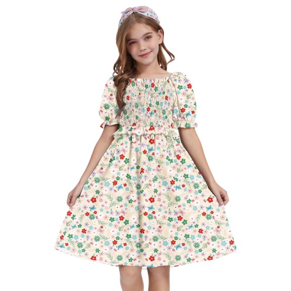 Actgleam Girls Summer Dress Kids Floral Print Puff Sleeve Cute Square Neck A-Line Midi Sundress,Colorful Floral,7-8Y