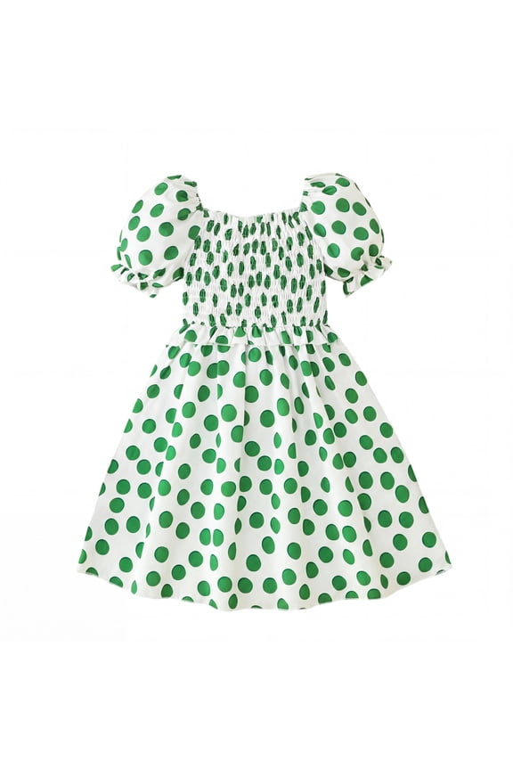 Girls Summer Dress Kids Floral Print Puff Sleeve Cute Square Neck A-Line Midi Sundress,Green Dot,6-7Y