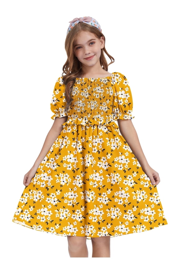 Girls Dress Floral Print Puff Sleeve Square Neck A-Line Midi Summer Casual Sundress,Orange Floral,9-10Y