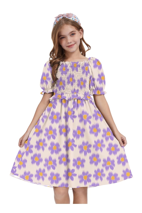 Girls Summer Dress Kids Floral Print Puff Sleeve Cute Square Neck A-Line Midi Sundress,Purple Floral,9-10Y