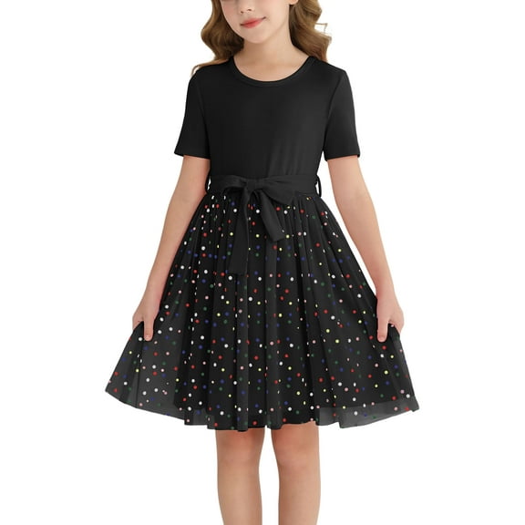 Actgleam Girls Tutu Dress Short Sleeve Tulle Girl Dresses,Black,6-7Y