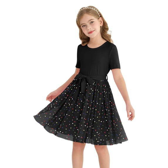 Actgleam Girls Tutu Dress Short Sleeve Tulle Girl Dresses,Black,9-10Y