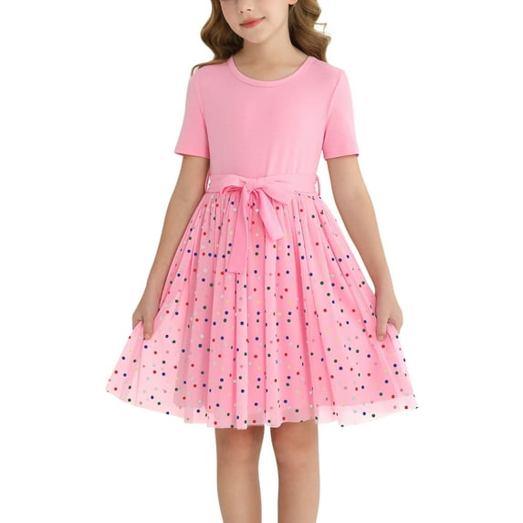 Actgleam Girls Tutu Dress Short Sleeve Tulle Girl Dresses,Pink,11-12Y