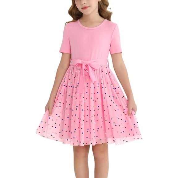 Actgleam Girls Tutu Dress Short Sleeve Tulle Girl Dresses,Pink,6-7Y