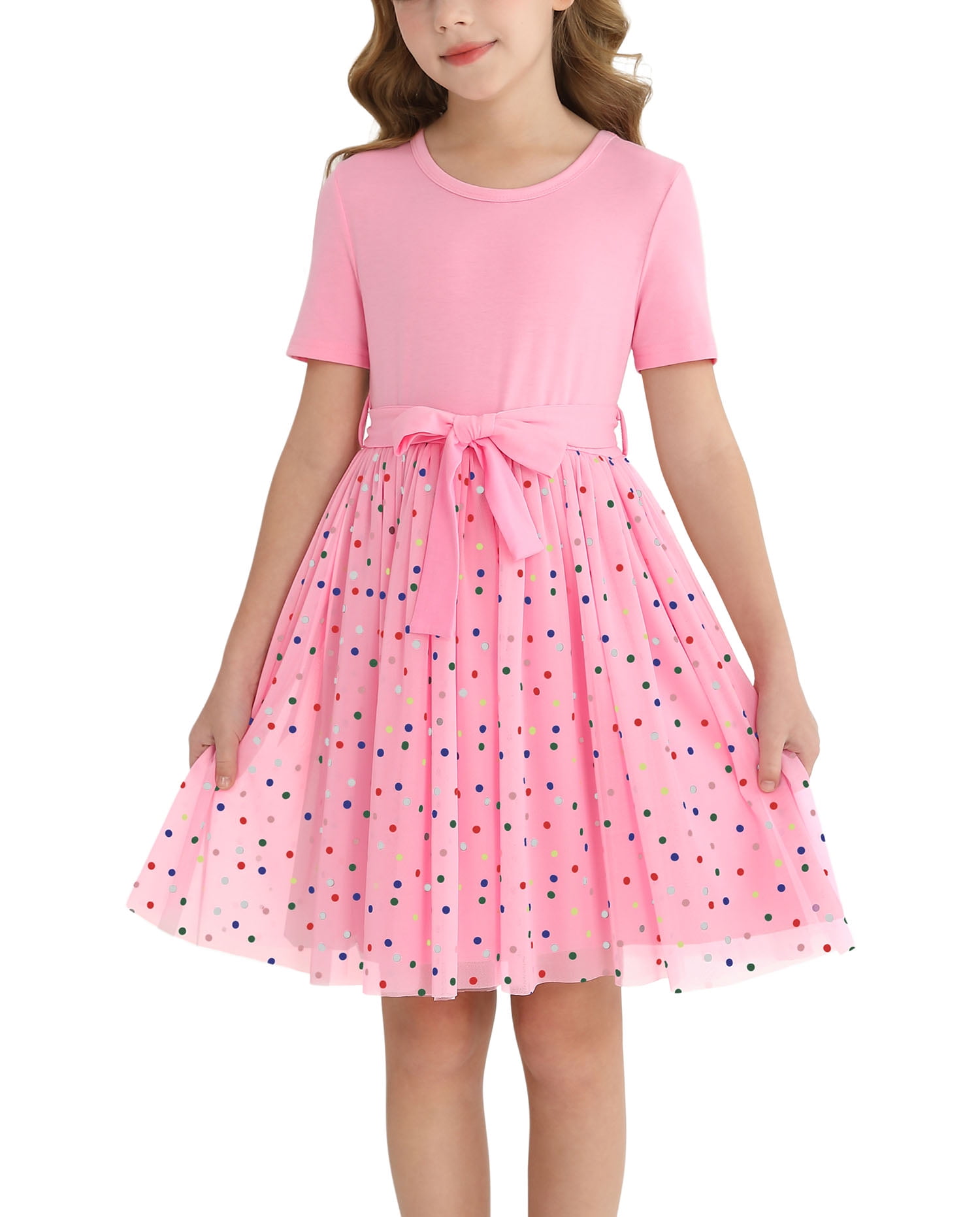 Girls Tutu Dress Short Sleeve Tulle Girl Dresses,Pink,7-8Y