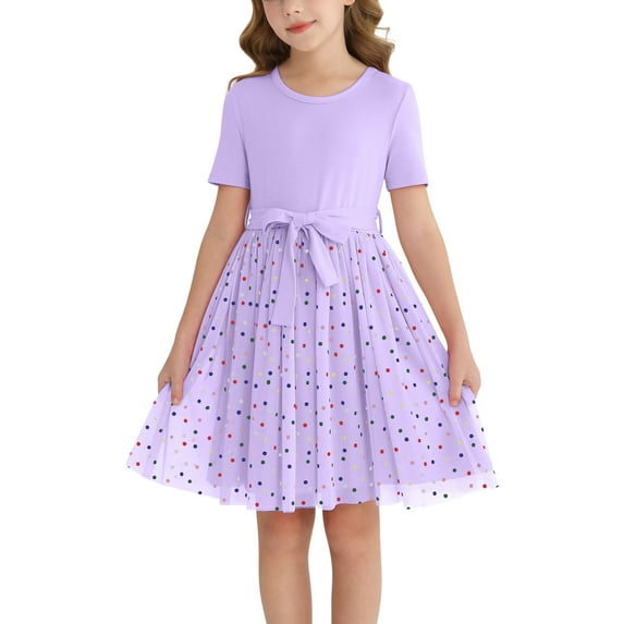 Actgleam Girls Tutu Dress Short Sleeve Tulle Girl Dresses,Purple,7-8Y