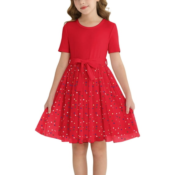 Actgleam Girls Tutu Dress Short Sleeve Tulle Girl Dresses,Red,9-10Y