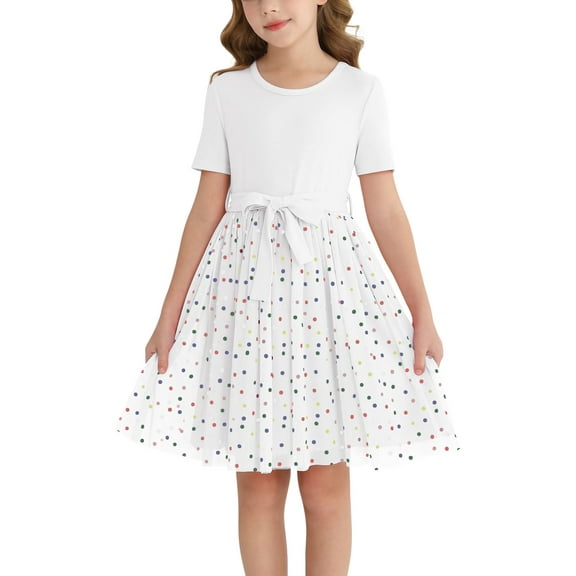 Actgleam Girls Tutu Dress Short Sleeve Tulle Girl Dresses,White,11-12Y