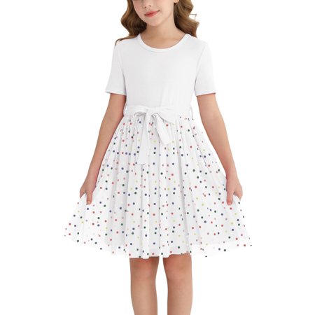 Actgleam Girls Tutu Dress Short Sleeve Tulle Girl Dresses,White,9-10Y
