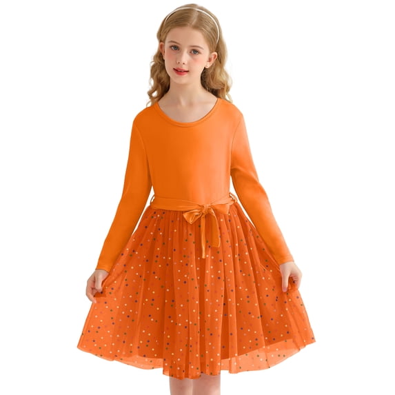 Actgleam Girls Halloween Tutu Dress long Sleeves Tulle for Girl Dresses,Orange,9-10Years