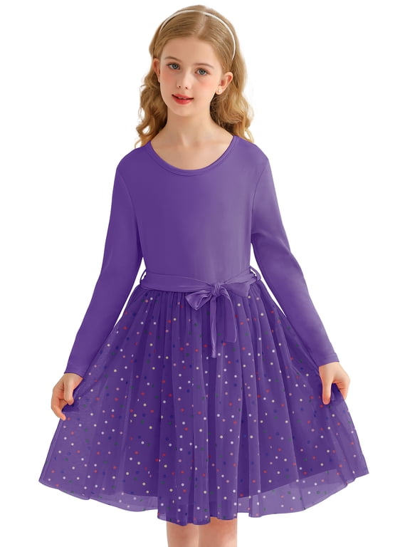 Girls Tutu Dress long Sleeves Tulle for Girl Dresses,Purpal,7-8Years