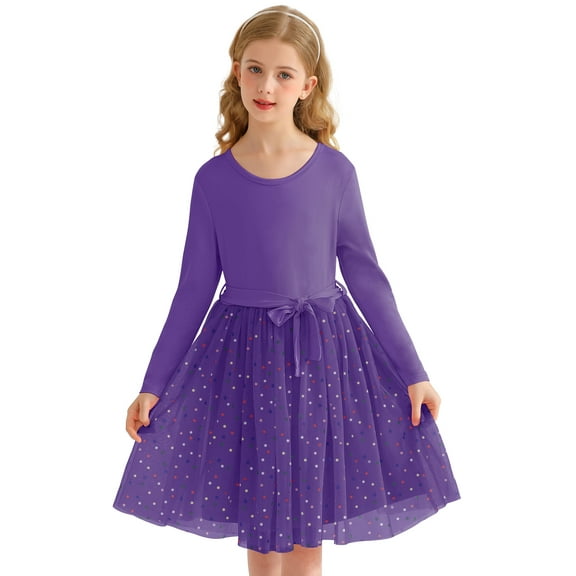 Actgleam Girls Tutu Dress long Sleeves Tulle for Girl Dresses,Purpal,7-8Years