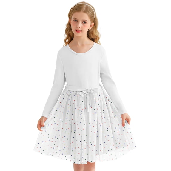 Actgleam Girls Tutu Dress long Sleeves Tulle for Girl Dresses,White,7-8Years