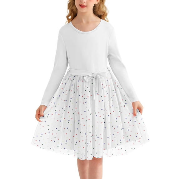 Actgleam Girls Tutu Dress long Sleeves Tulle for Girl Dresses,White,7-8Years