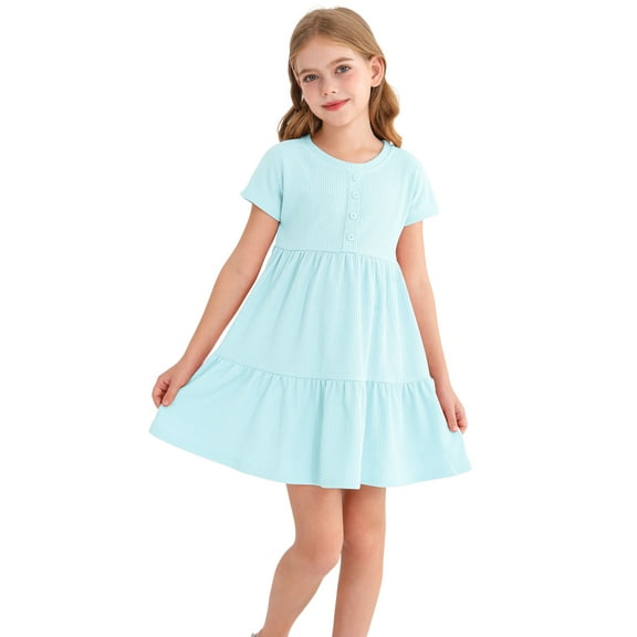 Actgleam Girls Waffle Short Sleeve Dresses Summer Casual Skater Swing Twirly Sundress For Girl,Blue,8-9Years