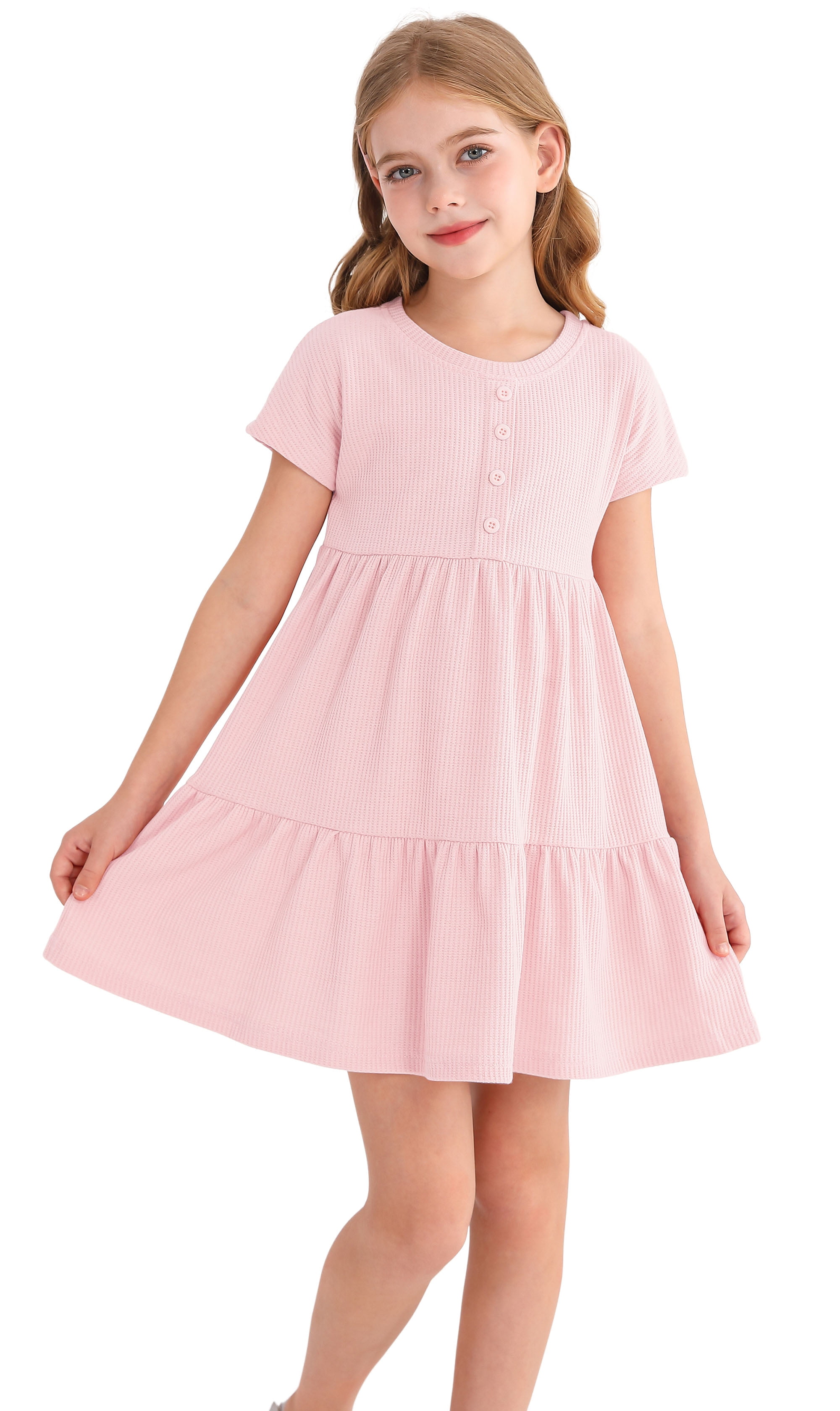 Actgleam Girls Waffle Short Sleeve Dresses Summer Casual Skater Swing