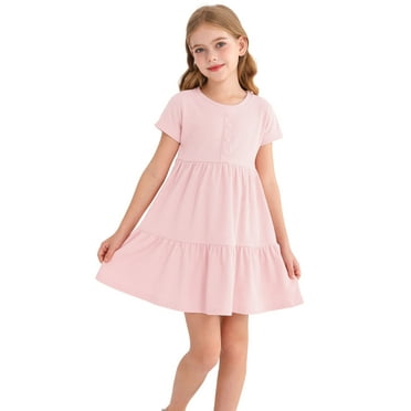 Actgleam Girls Waffle Short Sleeve Dresses Summer Casual Skater Swing Twirly Sundress For Girl,Light Pink,6-7Years