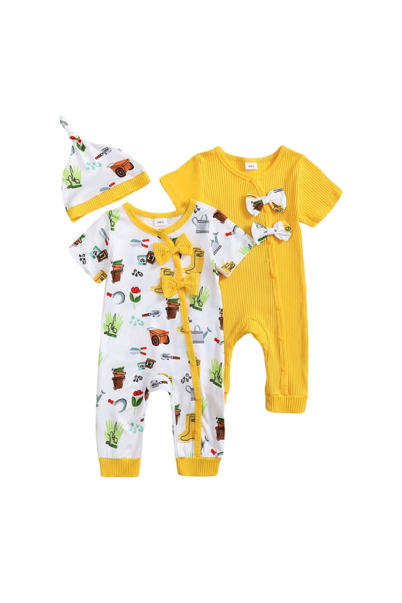 Infant Baby Girls Romper With Hat Snap Short Sleeve Baby Jumpsuit,6-9Months,2 pack