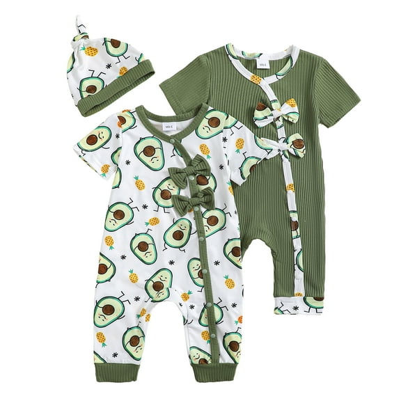 Actgleam Infant Baby Girls Romper With Hat Snap Short Sleeve Baby Jumpsuit,6-9Months,2 pack