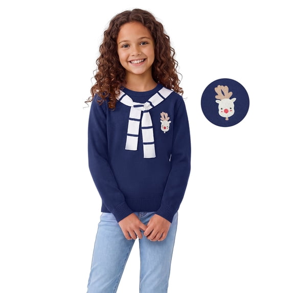 Actgleam Girls Knit Sweaters with Tie Scarf Kids Soft Long Sleeve Pullover Tops,Blue,6-7Y