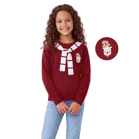Actgleam Girls Christmas Knit Sweaters with Tie Scarf Kids Soft Long Sleeve Pullover Tops,Red,11-12Y