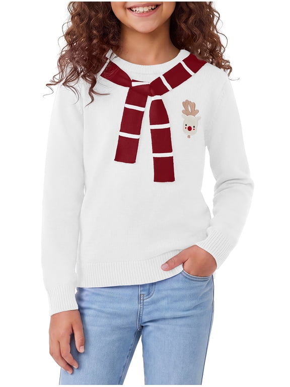 Girls Knit Sweaters with Tie Scarf Kids Soft Long Sleeve Pullover Tops,White,8-9Y