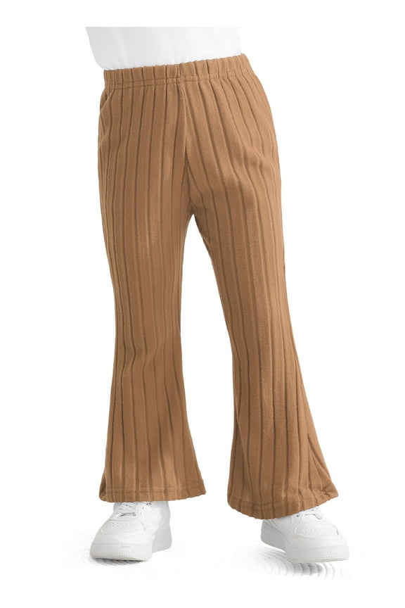 Little Girls Flare Pants Ribbed Ruffle Bell Bottom Pants for Girl Trousers,Brown,4-5Years